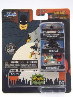 Jada Nano Hollywood Rides 253211001 - Batman Classic TV Series Batmobile - Batcycle - Jokermobile 